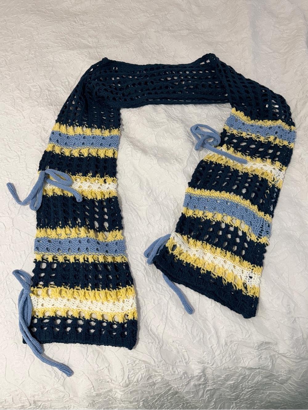SHEIN Navy, Light Blue & Yellow Striped Crochet Shrug